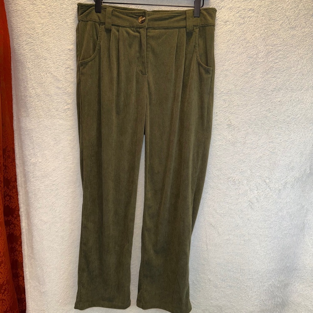 Halara Olive Green Corduroy Wide Leg Pleated Pants Medium High Waist Cottagecore